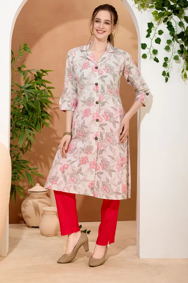 Pink_Rose_Flower_Print_Linen_Cotton_Princess_Cut_Long_Kurta_For_Women