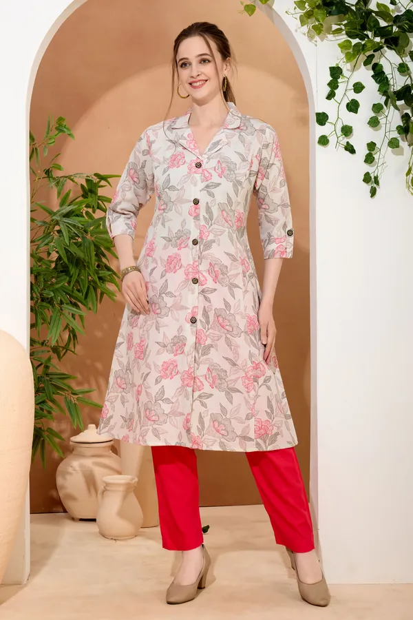 Pink_Rose_Flower_Print_Linen_Cotton_Princess_Cut_Long_Kurta_For_Women