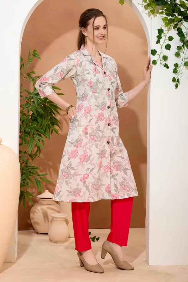 Pink_Rose_Flower_Print_Linen_Cotton_Princess_Cut_Long_Kurta_For_Women