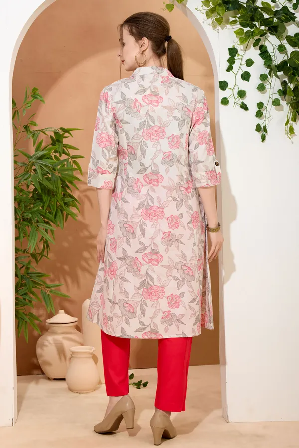 Pink_Rose_Flower_Print_Linen_Cotton_Princess_Cut_Long_Kurta_For_Women