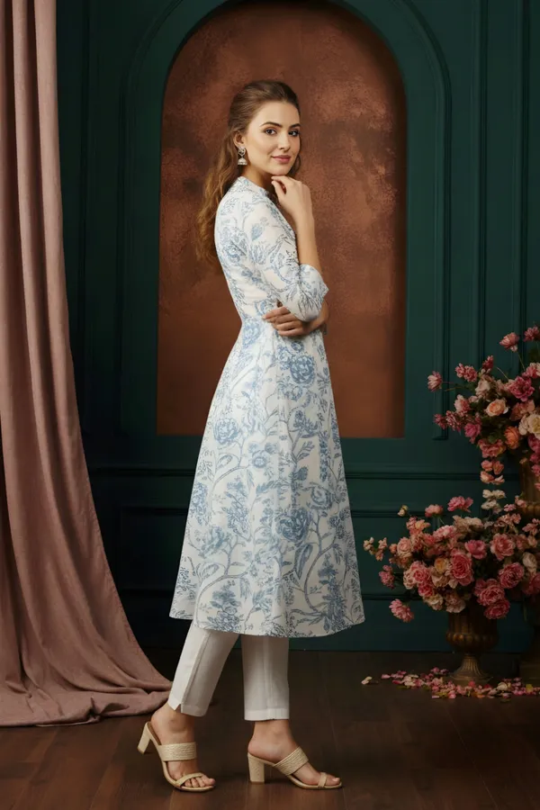 Blue_Rose_Flower_Print_Linen_Cotton_Princess_Cut_Long_Kurta_For_Women