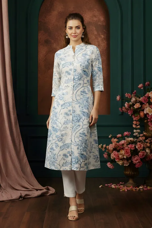 Blue_Rose_Flower_Print_Linen_Cotton_Princess_Cut_Long_Kurta_For_Women
