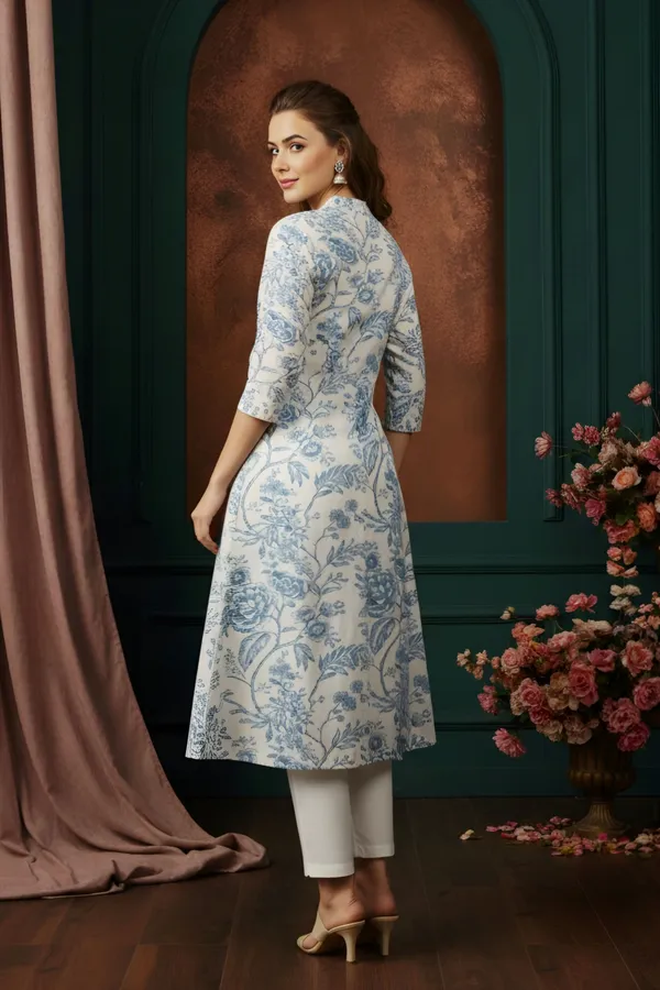 Blue_Rose_Flower_Print_Linen_Cotton_Princess_Cut_Long_Kurta_For_Women
