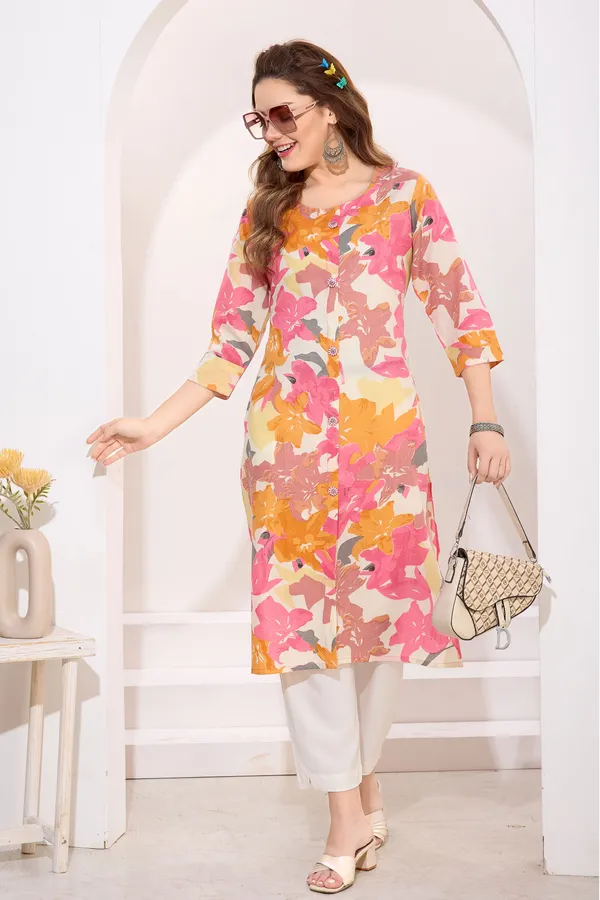 Pink_Orange_Linen_Cotton_Round_Neck_Women_Long_Kurta