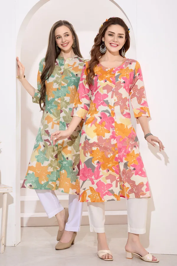 Pink_Orange_Linen_Cotton_Round_Neck_Women_Long_Kurta