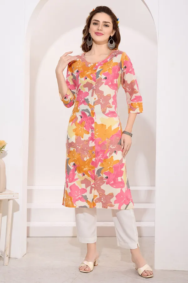 Pink_Orange_Linen_Cotton_Round_Neck_Women_Long_Kurta