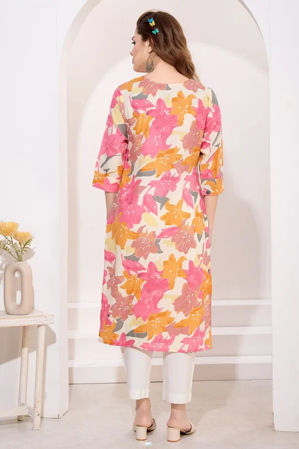 Pink_Orange_Linen_Cotton_Round_Neck_Women_Long_Kurta
