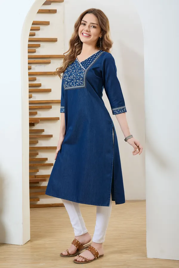 Trendy_Yoke_Print_Denim_Kurti_With_Hand_Embroidery