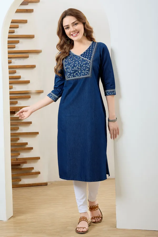 Trendy_Yoke_Print_Denim_Kurti_With_Hand_Embroidery