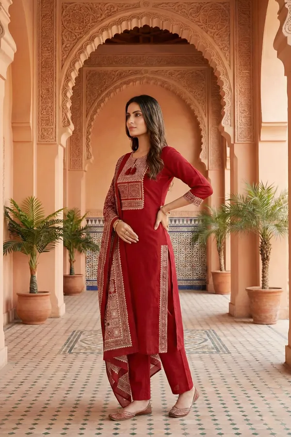 Red_Jaipuri_Cotton_Kurta_Pant_Dupatta_Set_With_Printed_Yoke_And_Dupatta