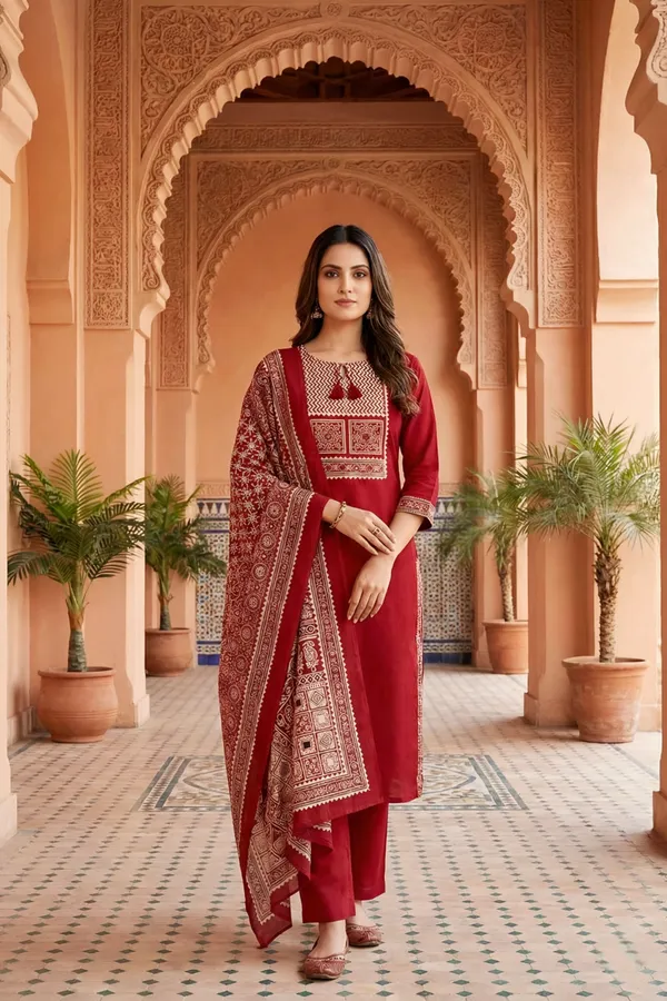 Red_Jaipuri_Cotton_Kurta_Pant_Dupatta_Set_With_Printed_Yoke_And_Dupatta
