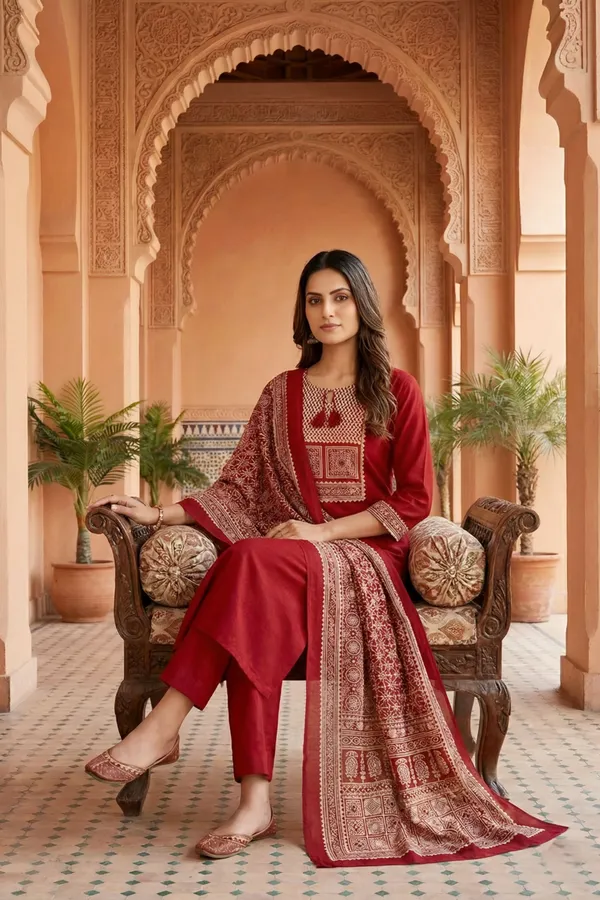 Red_Jaipuri_Cotton_Kurta_Pant_Dupatta_Set_With_Printed_Yoke_And_Dupatta