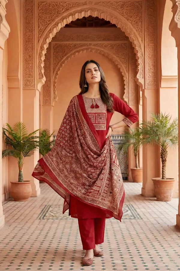Red_Jaipuri_Cotton_Kurta_Pant_Dupatta_Set_With_Printed_Yoke_And_Dupatta