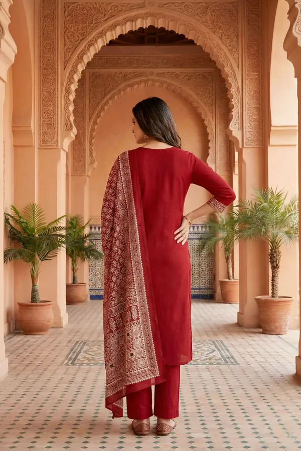 Red_Jaipuri_Cotton_Kurta_Pant_Dupatta_Set_With_Printed_Yoke_And_Dupatta