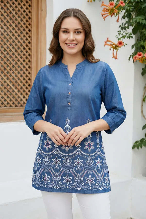 Women_Indo_Western_Denim_Short_Kurti_With_Ban_Collar