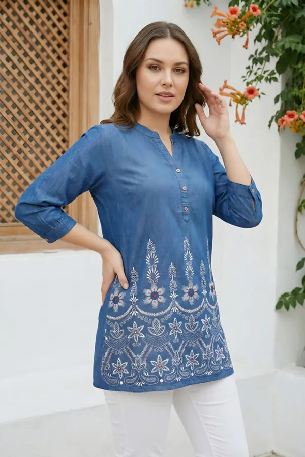 Women_Indo_Western_Denim_Short_Kurti_With_Ban_Collar