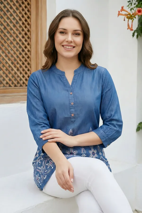 Women_Indo_Western_Denim_Short_Kurti_With_Ban_Collar