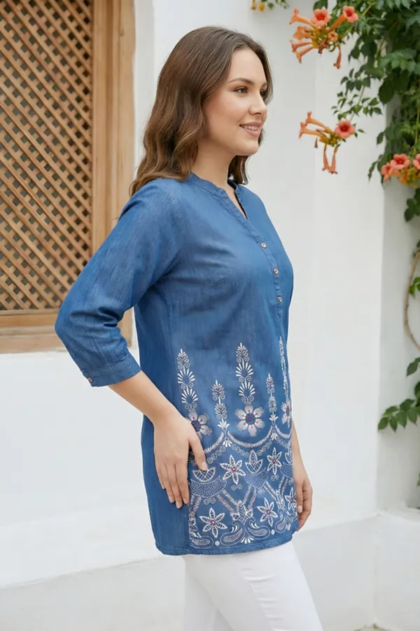 Women_Indo_Western_Denim_Short_Kurti_With_Ban_Collar