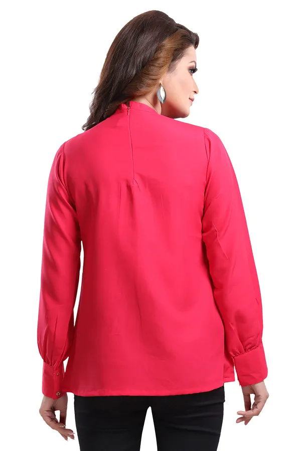 Distinctive_Hot_Pink_Polyester_Crepe_Office_Wear_Short_Tunic_Top_For_Women