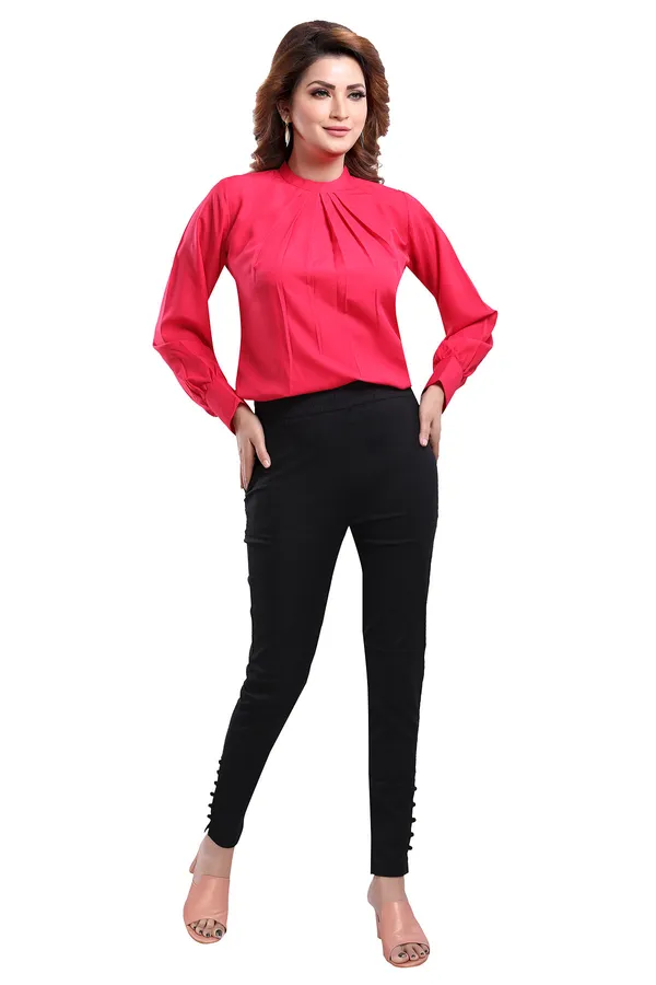 Distinctive_Hot_Pink_Polyester_Crepe_Office_Wear_Short_Tunic_Top_For_Women