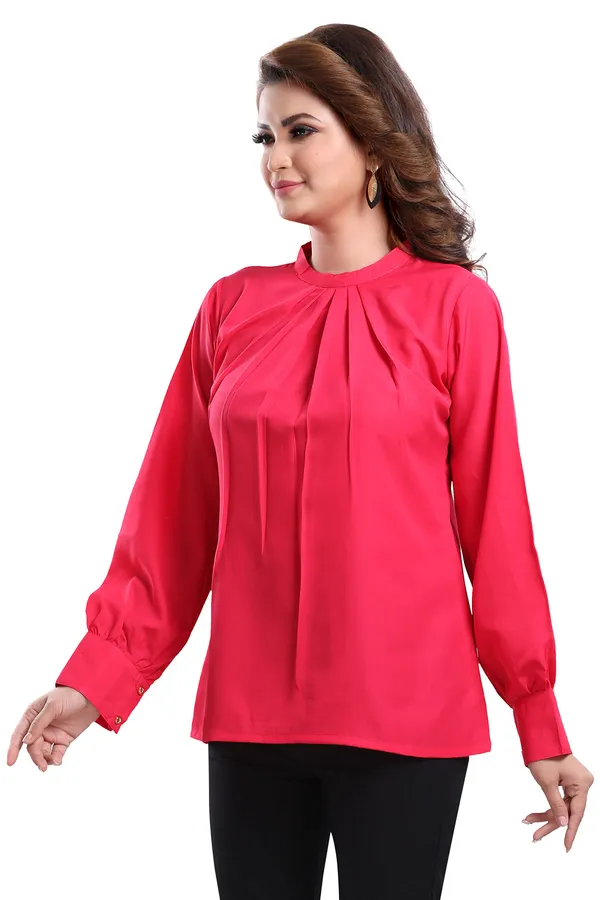 Distinctive_Hot_Pink_Polyester_Crepe_Office_Wear_Short_Tunic_Top_For_Women