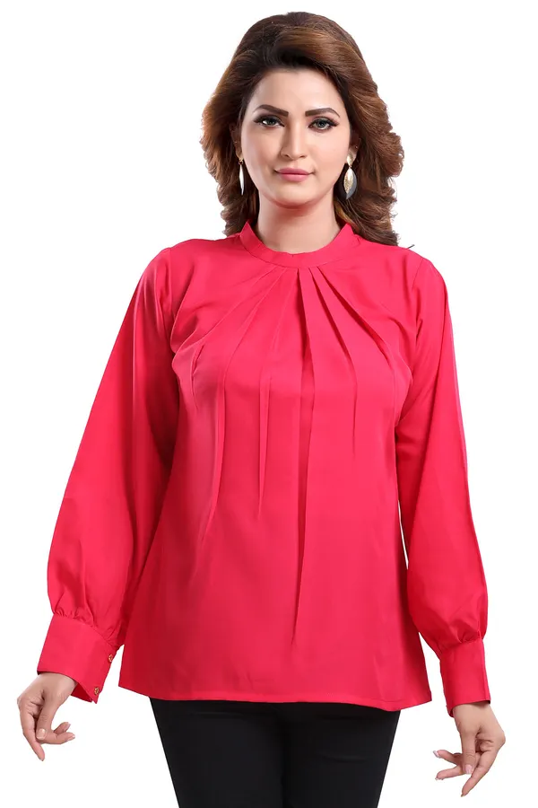 Distinctive_Hot_Pink_Polyester_Crepe_Office_Wear_Short_Tunic_Top_For_Women