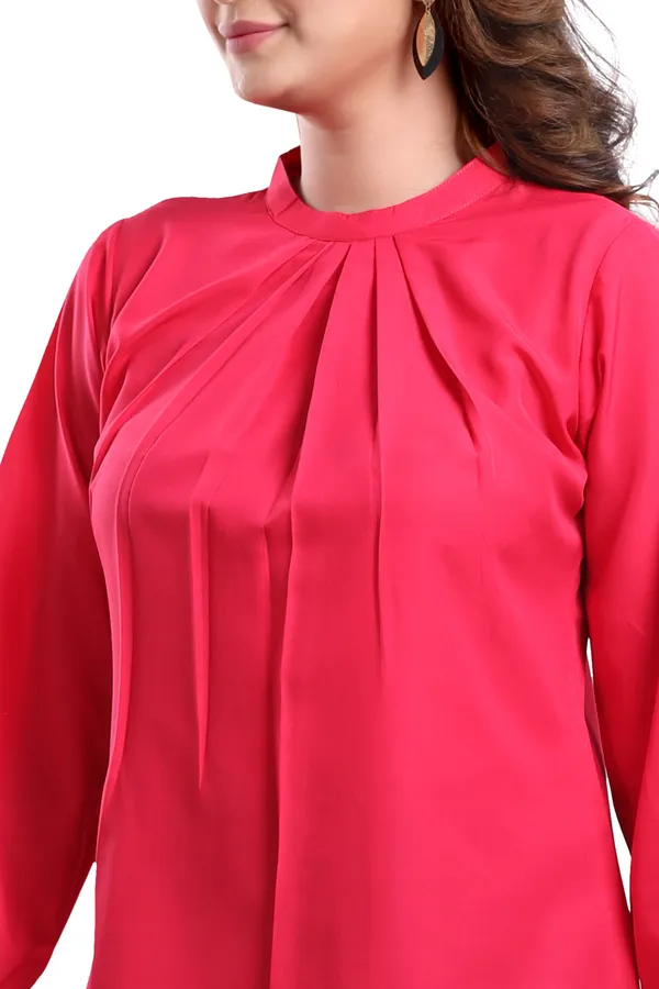 Distinctive_Hot_Pink_Polyester_Crepe_Office_Wear_Short_Tunic_Top_For_Women