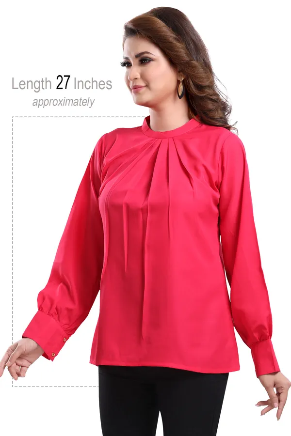 Distinctive_Hot_Pink_Polyester_Crepe_Office_Wear_Short_Tunic_Top_For_Women