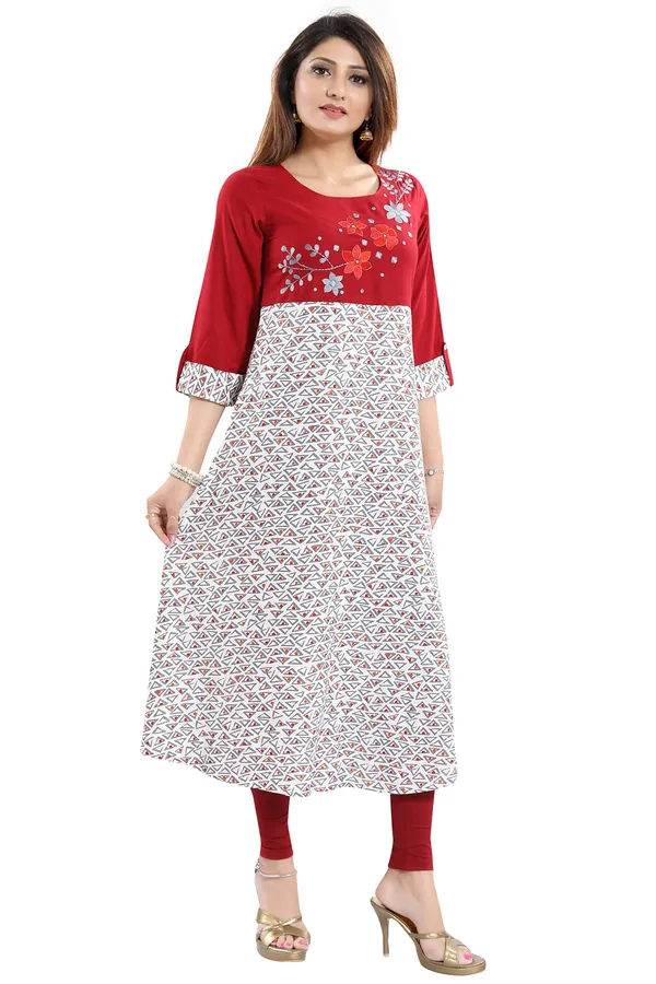 Magnificent_Maroon_Rayon_Printed_Flared_Long_Tunic_with_Floral_Embroidery