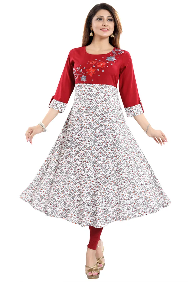 Magnificent_Maroon_Rayon_Printed_Flared_Long_Tunic_with_Floral_Embroidery
