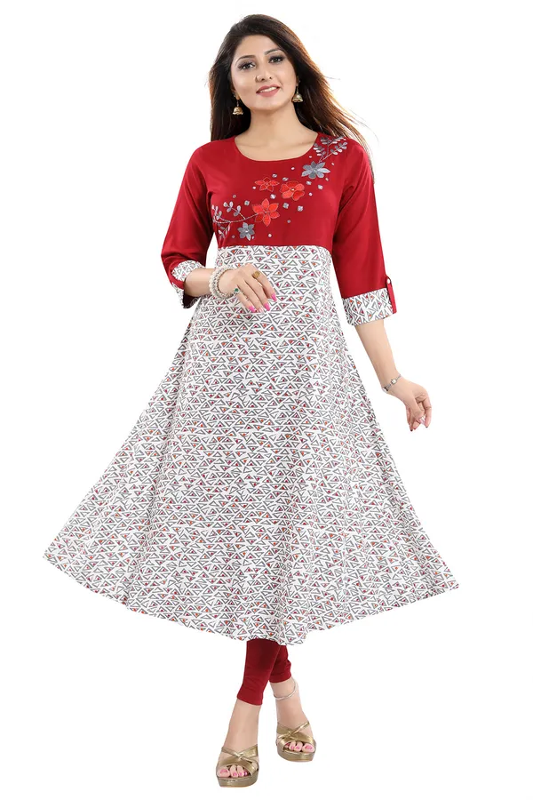 Magnificent_Maroon_Rayon_Printed_Flared_Long_Tunic_with_Floral_Embroidery
