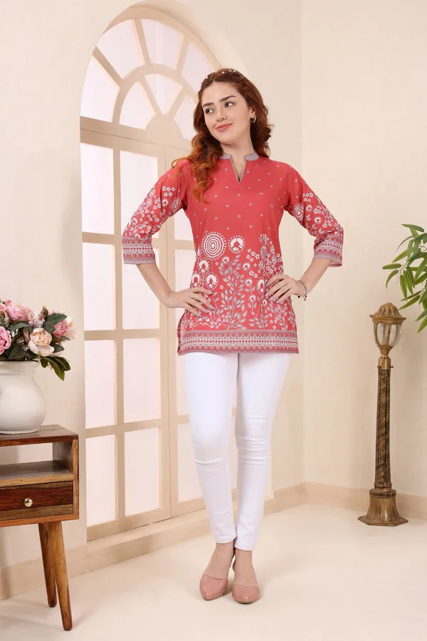 Red_Cotton_Short_Kurti_Tunic_Top_with_Floral_Print_for_Women