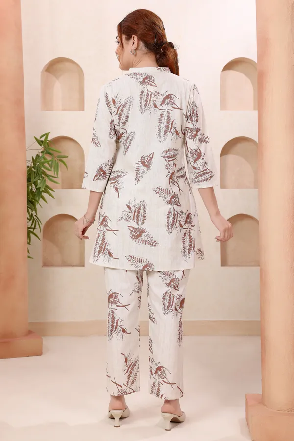 Designer_Brown_Leafy_Print_Ban_Collar_Cotton_Co_Ord_Set