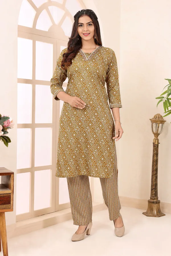 Mustard_Magic_V_Neck_Kurti_Pant_Suit_For_Women