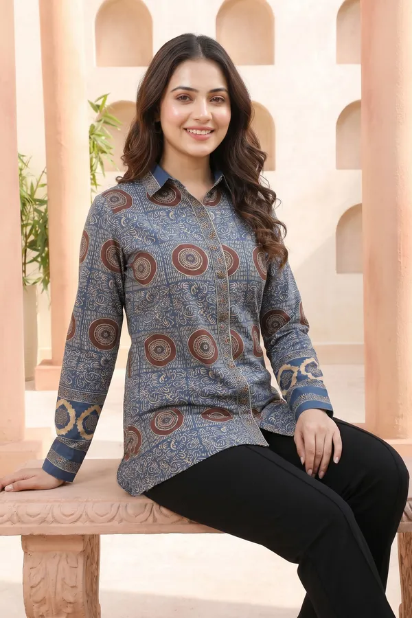 Womens_Modal_Silk_Slate_Blue_Printed_Shirt_Style_Tunic_Top