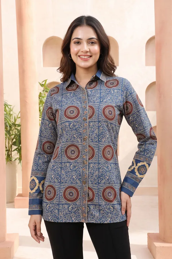 Womens_Modal_Silk_Slate_Blue_Printed_Shirt_Style_Tunic_Top