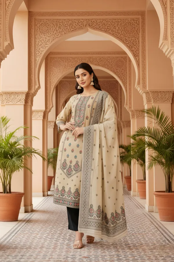 Beige_Banarasi_Chanderi_Handwoven_Women_Three_Piece_Long_Kurta_Set