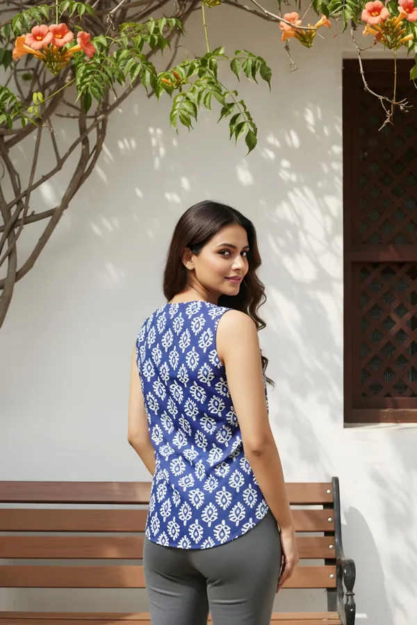 Indigo_Blue_Dabu_Print_Waist_Coat_Style_Top