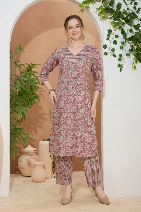 Floral_Coral_V_Neck_Kurti_Pant_Suit_For_Women
