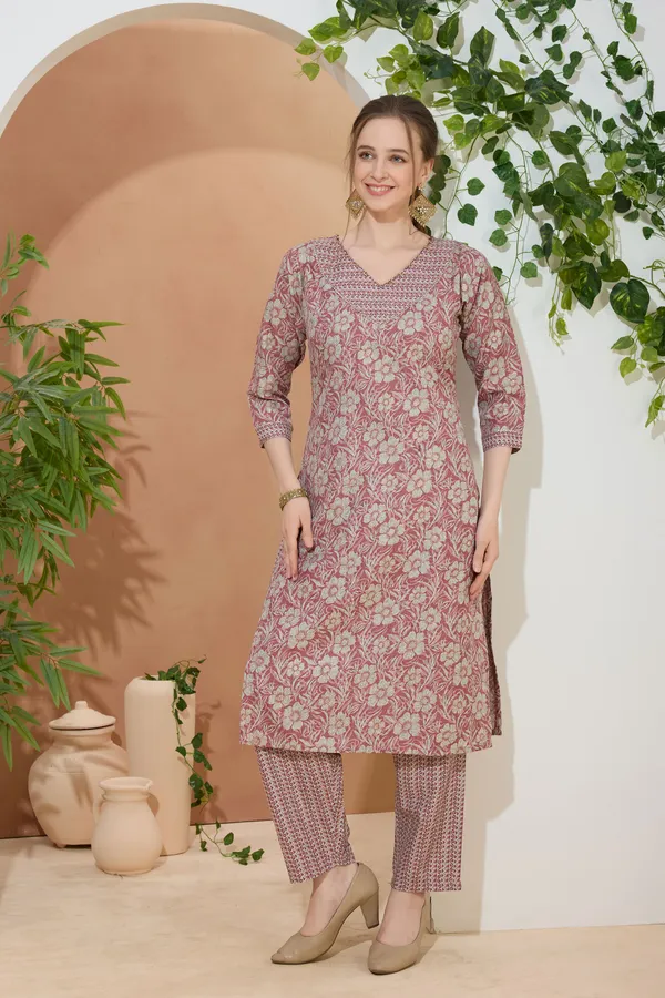 Floral_Coral_V_Neck_Kurti_Pant_Suit_For_Women