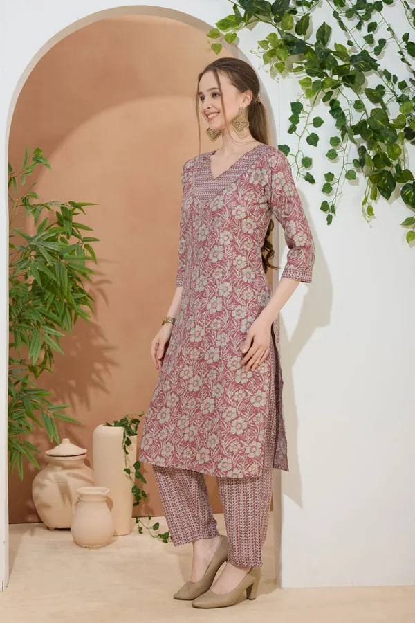 Floral_Coral_V_Neck_Kurti_Pant_Suit_For_Women