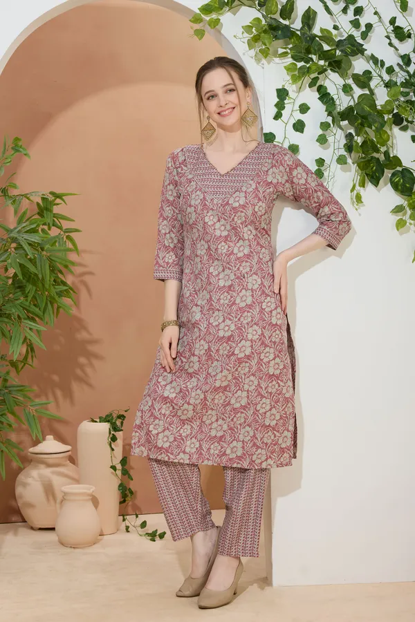 Floral_Coral_V_Neck_Kurti_Pant_Suit_For_Women