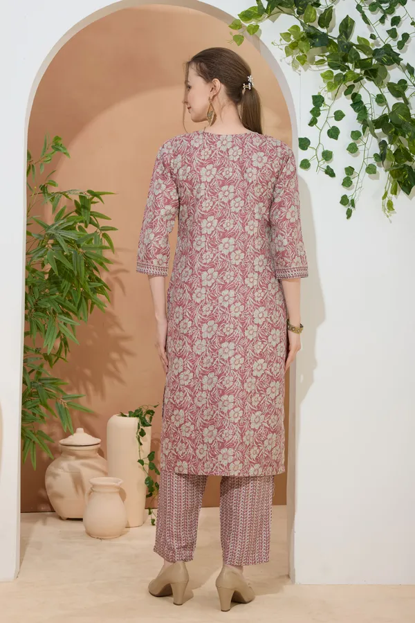 Floral_Coral_V_Neck_Kurti_Pant_Suit_For_Women