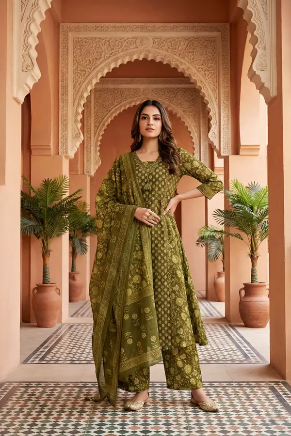 Green_Jaipuri_Print_Cotton_Kurta_Pant_Dupatta_3PC_Set_for_Women