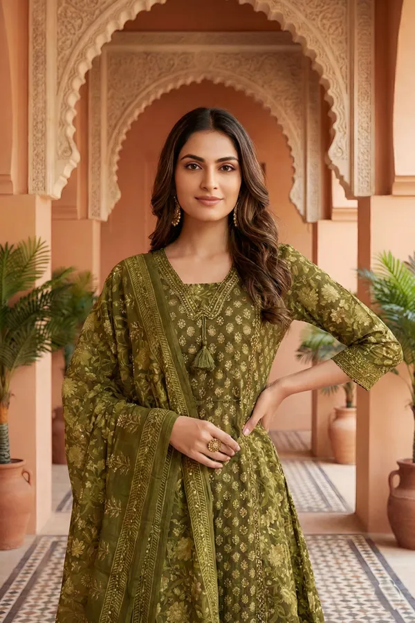 Green_Jaipuri_Print_Cotton_Kurta_Pant_Dupatta_3PC_Set_for_Women