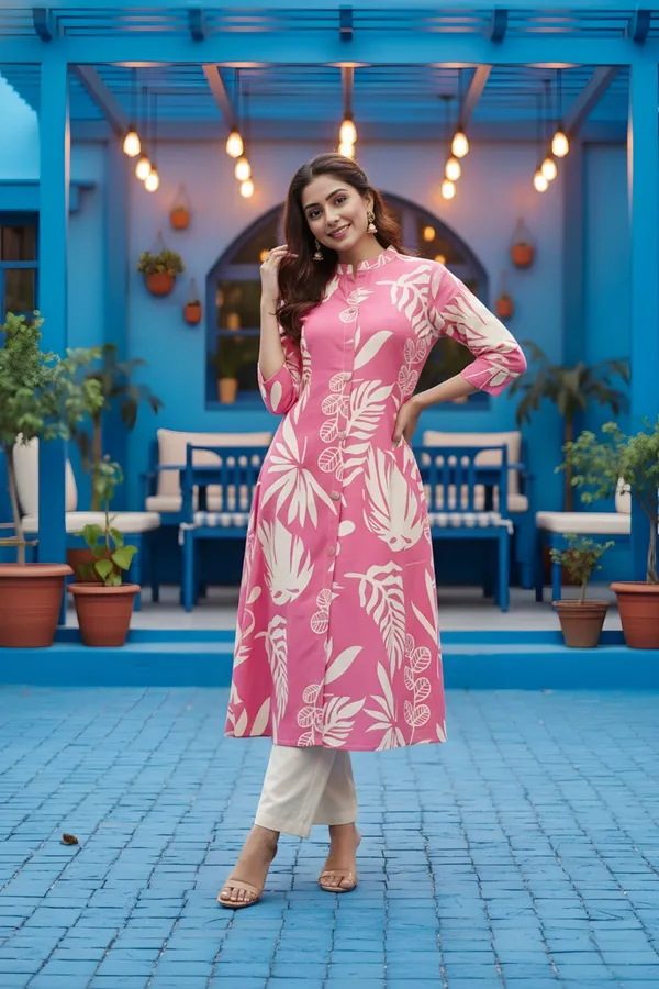 Pink_Leafy_Print_Linen_Cotton_Princess_Cut_Long_Kurta_For_Women