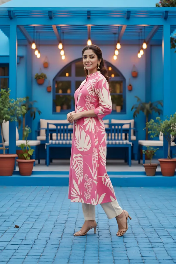 Pink_Leafy_Print_Linen_Cotton_Princess_Cut_Long_Kurta_For_Women