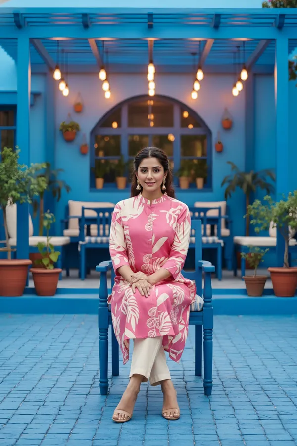 Pink_Leafy_Print_Linen_Cotton_Princess_Cut_Long_Kurta_For_Women