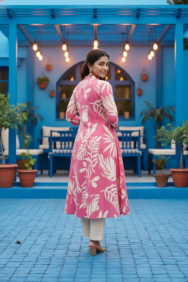 Pink_Leafy_Print_Linen_Cotton_Princess_Cut_Long_Kurta_For_Women
