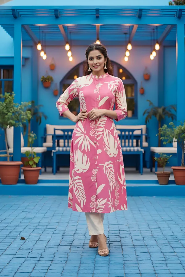 Pink_Leafy_Print_Linen_Cotton_Princess_Cut_Long_Kurta_For_Women